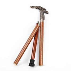 Canne de marche pliable réglable en bois avec poignée en métal, sculptée à la main, style vintage, pour personnes âgées, randonnée, voyage, usage domestique - Product Image 1