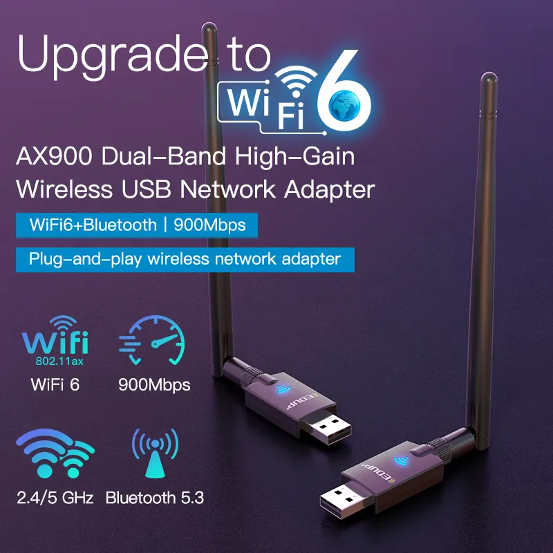 EDUP EP-AX900S adaptor Wifi Driverless, adaptor Wifi 6 900Mbps Bluetooth 5.3 untuk PC 2 in 1 USB Wifi untuk Win10/11