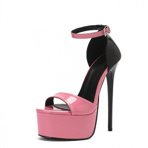 Pink Classic Single Strap Round Toe Open Toe Color <b>Block</b> Buckle 16cm Ultra High Stiletto Heel Fashion Women's Sandals - Product Image 4