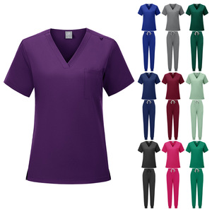 Women's Scrub Set Short Sleeve V Neck Top With Pocket Jogger Pants Hospital Uniform Moisture Wicking Split Set - Product Image 1