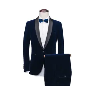 男士西装丝绒 2 件紧身蓝色酒红色黑色绿色套装男装天鹅绒燕尾服夹克的婚礼 (上衣 + 裤子 + 领带)