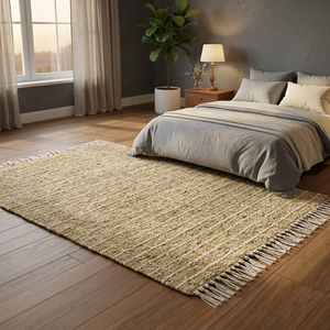 Tapis d'intérieur rectangulaire en jute rayé fait main, à poils ras, style bohème, tissage plat, pour chambre à coucher, avec bordure à franges - Product Image 4