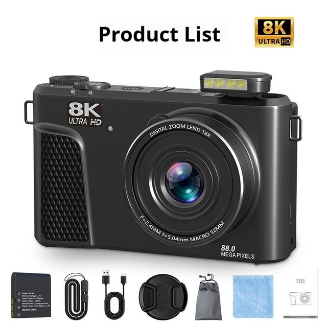 8K Flip Screen Digital Camera - 88MP, 18X Zoom, AF Autofocus, Portable Selfie Camera for Home & Travel