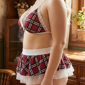 Ensemble de lingerie <span class=keywords><strong>grande</strong></span> <span class=keywords><strong>taille</strong></span> pour femmes, costume sexy d'écolière, tenue en dentelle pour jeu de rôle étudiant avec haut, culotte et mini-jupe, 3 pièces - Product Image 3