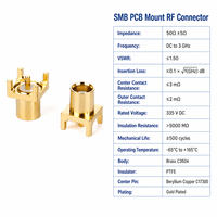 موصل محوري RF للتركيب على لوحة الدوائر المطبوعة (PCB) للشركات الصغيرة والمتوسطة، 50 أوم، من تيار مستمر إلى 3 جيجاهرتز، نحاس مطلي بالذهب C3604، PTFE، هوائي عمودي للحام، OEM ODM