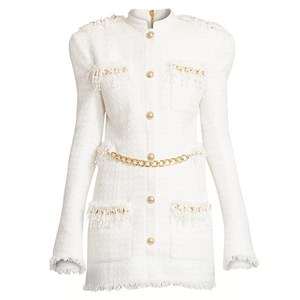 Abito Mini Invernale <span class=keywords><strong>Bianco</strong></span> con Catena, Spalle Imbottite, Maniche Lunghe in Tweed, <span class=keywords><strong>Vestito</strong></span> Casual da Ufficio - Product Image 2