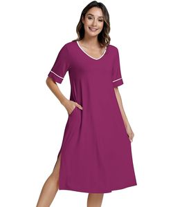 Liquidación de camisones: Pijama de mujer con cuello en V, manga corta, color liso, largo hasta la rodilla, de algodón suave, ropa de dormir. - Product Image 1