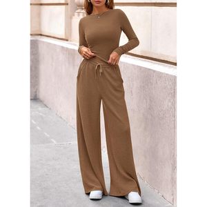 FOXA Women's 2 Piece Lounge Set Long Sleeve Crop Top Wide Leg Pants Rib <b>Knit</b> With Pockets Daily Wear Outfit - Product Image 2