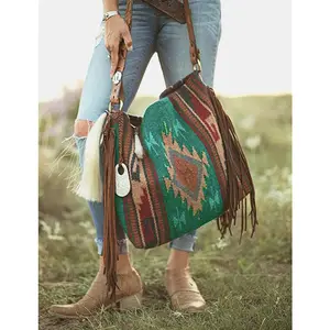 Bolso de mano con patrón geométrico bohemio para mujer, bandolera de lona, bordado Azteca