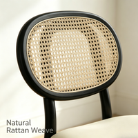 Chaise de salle à manger en bois massif noir avec dossier en rotin et assise rembourrée en cuir, ergonomique, légère, durable, stable, style Mid-Century Japandi
