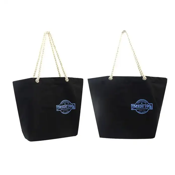 Bolsa de compras de lona ecológica, bolsa de playa de hombro de lona de gran tamaño, bolsa de cuerda de algodón negra reciclable con logotipo