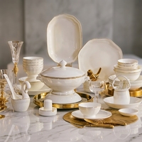 50 pièces HIHUI – Services de table de luxe en porcelaine fine, motif dessin animé, incrustation dorée, durables, pour la maison, emballage cadeau de Noël inclus