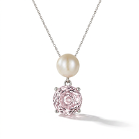 Collier Pendentif ZG Élégant et Délicat avec Perle et Breloque Zircon Rose Facetté, Bijou Plaqué Rhodium