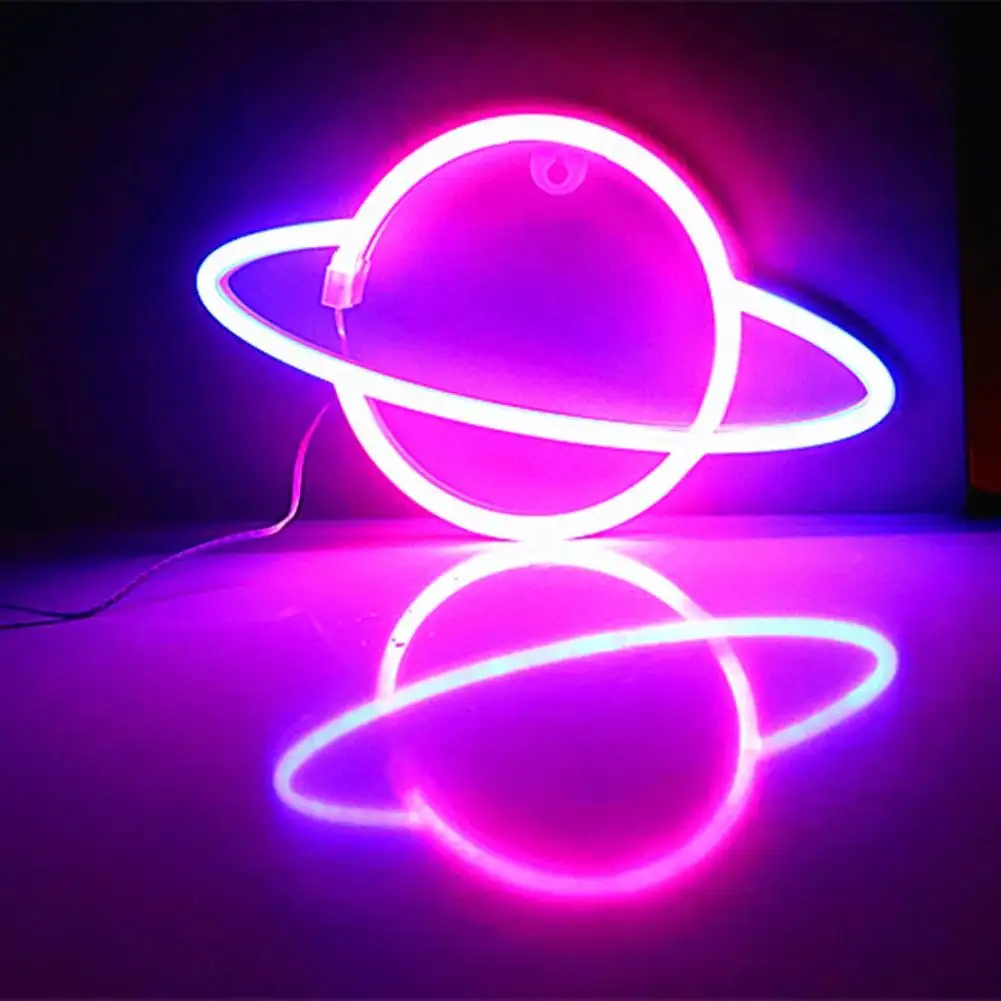 Luminária led de neon com painel personalizado, pequena, alimentada por usb, para planeta, pendurado, saturno, neon, com ligamento/desligamento, para decoração de parede de quarto, para jogos
