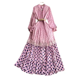 Bán Buôn 2023 Mùa Thu Phong Cách Cổ Điển Dài Tay Áo Đứng Cổ Eo Mỏng A-Line Polka Dot Của Phụ Nữ Ăn Mặc