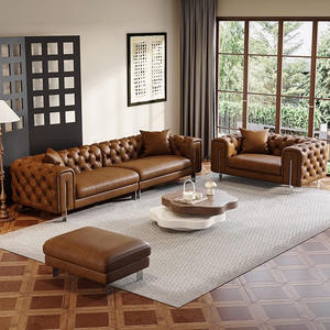 Sofá de Cuero Color Caramelo Estilo Retro Francés, Diseño Recto con Mechones, Muebles para Sala de Estar - Product Image 3