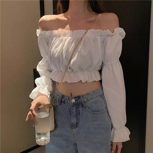 <span class=keywords><strong>Top</strong></span> de tubo de verano para mujer, blusa Sexy con hombros descubiertos, camisa blanca de manga larga de Color sólido, Túnica con volantes, <span class=keywords><strong>Top</strong></span> corto - Product Image 1