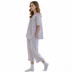 Ensemble de pyjama doux et mignon pour filles, nouvelle collection printemps 2025, manches courtes, col rond, coupe ample, vêtements de détente, violet et blanc, tenue décontractée pour la maison - Product Image 2