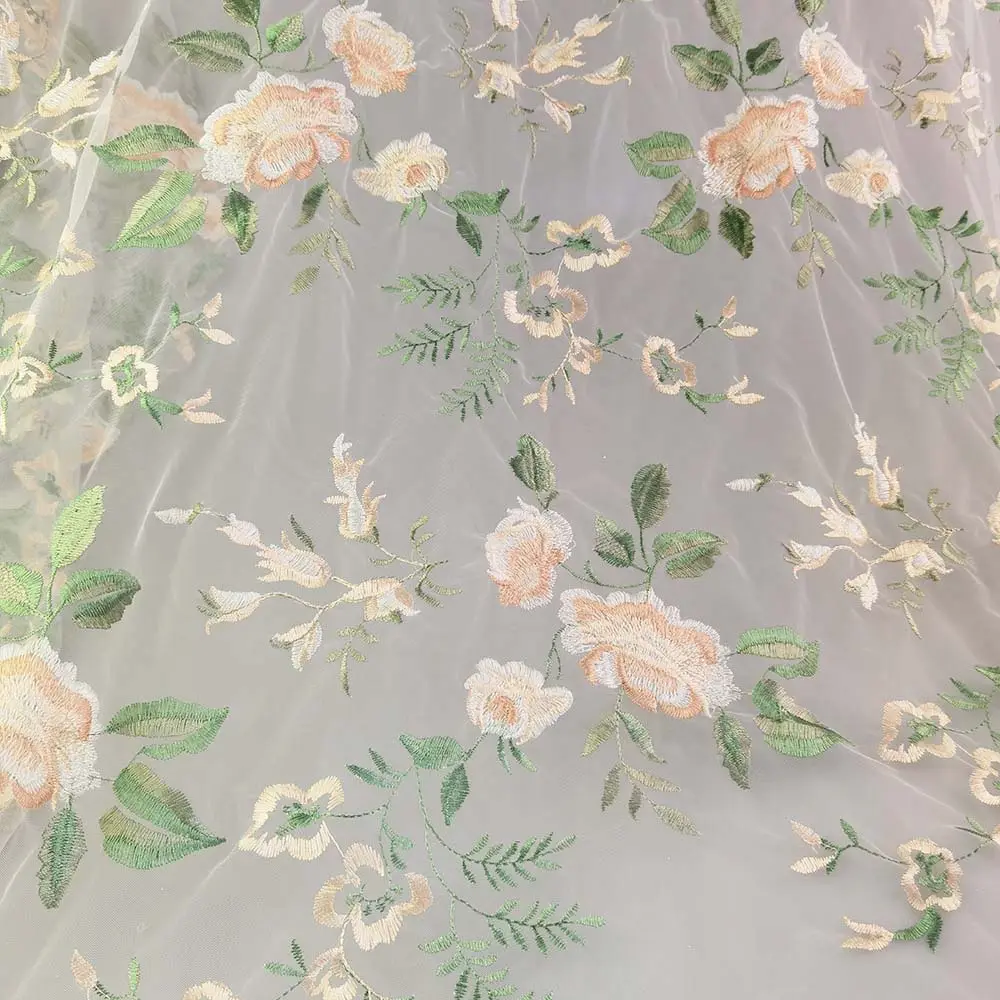 Venta caliente 3D tela de encaje bordado floral 100% tela de encaje de poliéster para vestido