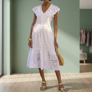 <b>White</b> V-Neck Cap Sleeve <b>Maxi</b> Woven Breathable Button Front A-Line Boho Casual Eco-Friendly Organic Cotton Modest Summer Dress - Product Image 5