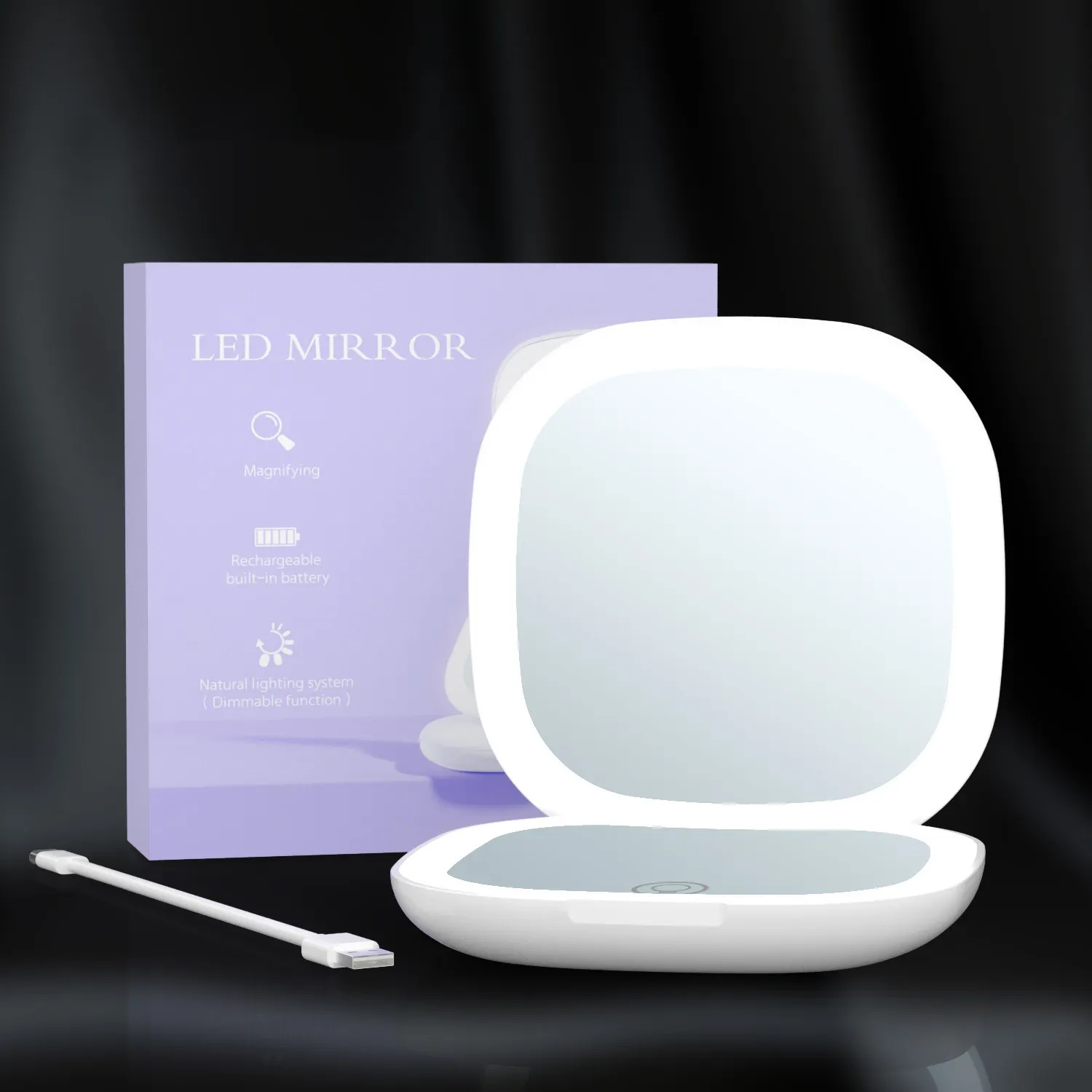 Espelho de mão pequeno compacto com logotipo personalizado, espelho de maquiagem portátil para viagem, luz LED recarregável