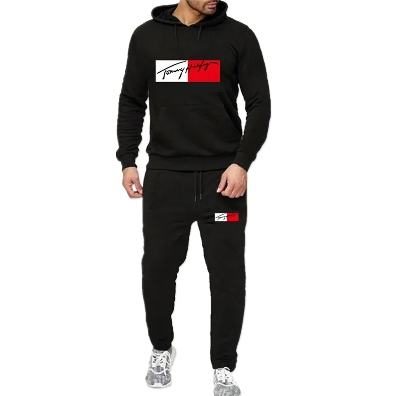Spring and Autumn Men's Fashion Casual Stitching Hooded Sweater Trousers Two Pieces Sports Suit