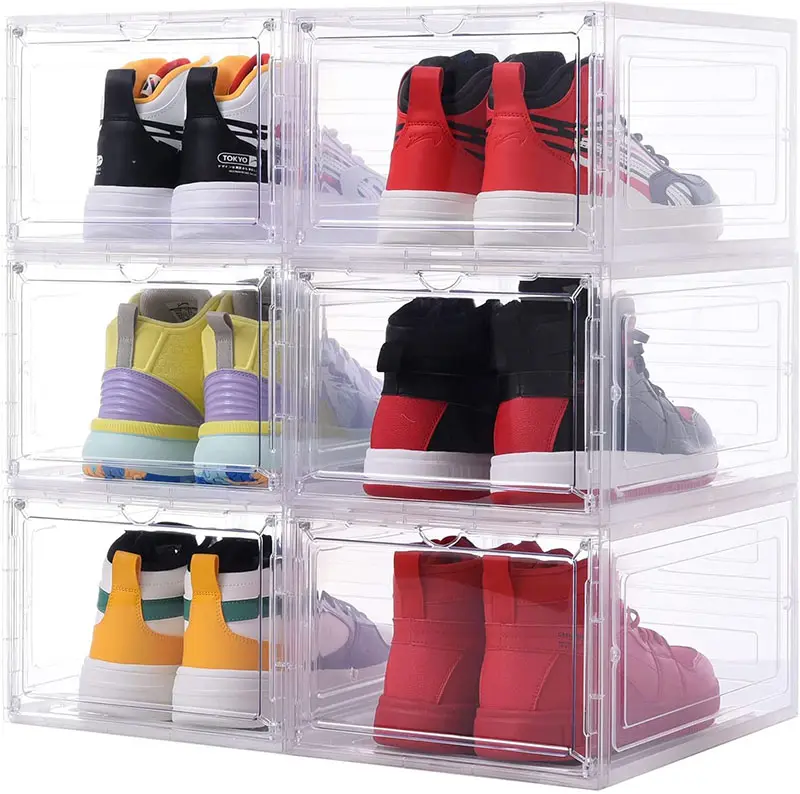 Caja de acrílico transparente para zapatos, organizador de zapatos de plástico con puerta acrílica magnética, contenedores de almacenamiento para zapatillas