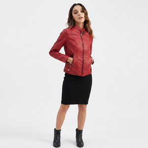 Veste en cuir de mouton véritable pour femme, style motard, respirante, en spandex tissé, zippée, rouge - Product Image 6