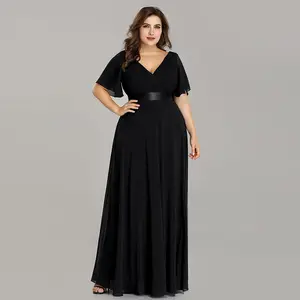 Women V Neck Ruffles Chiffon Elegant Formal Wedding Party Dress Long Robe Bridesmaid Dress Summer Plus Size Evening Dress