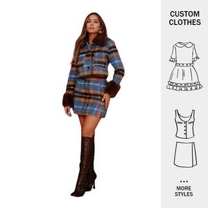 Conjunto de dos piezas para mujer, personalizado, nuevo temperamento retro, cuello de lana, empalme de Tweed, top de un solo pecho con <span class=keywords><strong>falda</strong></span> con abertura - Product Image 1