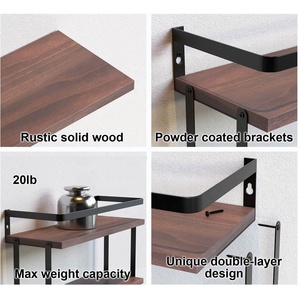 2 + 1 단 벽걸이 부동 선반 2 개 세트 티슈 랙 & 타월 바 소박한 나무 선반 - Product Image 3