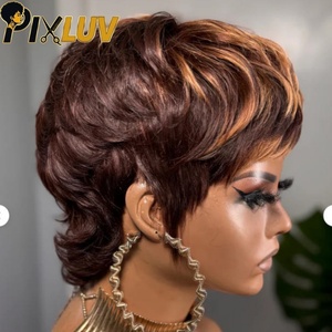 Pelucas de Cabello Humano al por Mayor, Peluca Pixie sin Pegamento, Pelucas sin Encaje Hechas a Máquina para Mujeres Negras, Peluca Corta Estilo Cola de Lobo - Product Image 1