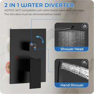 Ensemble de robinetterie de douche murale noire avec douchette pluie et douchette à main, mitigeur dissimulé à pression équilibrée, 10 pouces - Product Image 5