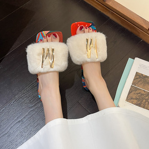 2026 Fairy Style Furry <b>Slippers</b>, Women Square Toe Open-Toe Flat Mules, Simple One-Strap Plus Size Outdoor Slides - Product Image 4