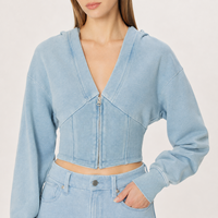 Hoodie Crop Biru Custom Logo Wanita, Sweatshirt Korset V-Neck dengan Ritsleting, Hoodie Fleece Vintage Acid Wash, Produsen OEM