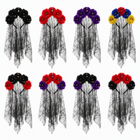 Serre-tête voile en filet pour le Jour des Morts mexicain avec crâne gothique et couronne de roses artificielles