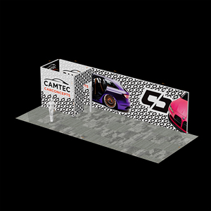 Stand d'exposition portable thème course automobile 9x3m avec mur arrière étendu, graphique de voiture de sport, piliers lumineux dimensionnels modulaires - Product Image 2