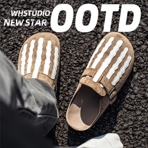 Sandalias Planas de Cuero Genuino con Diseño Original de <span class=keywords><strong>Esqueleto</strong></span> y Bloques de Color, Sandalias Mule Funcionales de Punta Cerrada, Oscuras y Modernas - Product Image 3