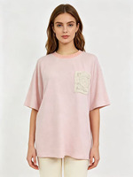 T-shirt en maille texturée rose doux pour femme, avec poche en crochet, col rond, épaules tombantes, style décontracté quotidien, fabrication OEM/ODM sur mesure