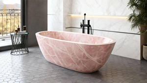 YUSHI Diseño moderno Mármol Rosa Piedra natural Bañera independiente Función de remojo con escurridor para hoteles y baño de lujo - Product Image 4