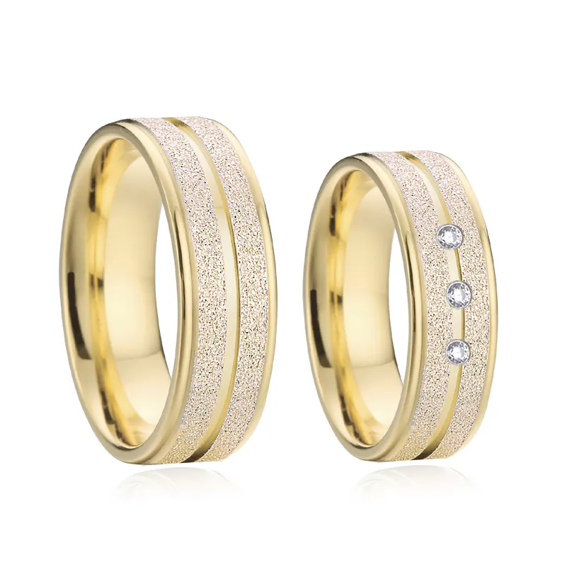 Factory wholesale wedding rings set Shiny Emery 14K Plated Titanium gold and stone ring design for couples