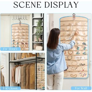 Hanging Jewelry Organizer 2 Pack 39 Pockets 30 Hooks Double Sided Earring Necklace Storage Blue Transparent - Product Image 6