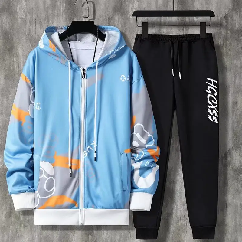 2024 Men's Casual Cotton Sports Suit with New Zipper Long-Sleeved Hoodie for Summer Youth Print Design Knitted Fabric