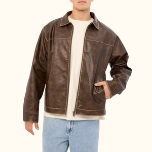 Men's Genuine Leather Jacket Turn-Down Collar Zipper Closure Casual Autumn Wear Regular Fit Solid Color Cotton Lining Jacket - Product Image 1