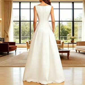 Robe de soirée personnalisée en satin, asymétrique, sans manches, col carré, coupe trapèze, longueur ras du sol, avec poches et fente, pour soirée formelle ou demoiselle d'honneur - Product Image 2