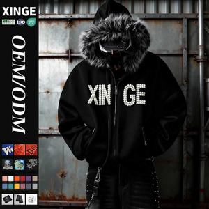 Hoodie Streetwear Homme Printemps 2026 avec Col en Fourrure, Imprimé Graphique Personnalisé Lettres Perles et Strass, Coupe Oversize Zippée et Ample - Product Image 2