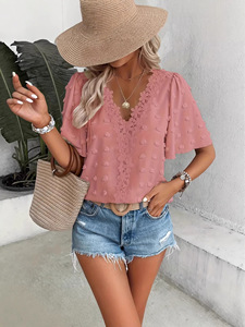 Nuovi Arrivi 2026: Camicie e Bluse da Donna a <span class=keywords><strong>Maniche</strong></span> <span class=keywords><strong>Corte</strong></span> con Scollo a V, Stile Casual, Tinta Unita - Product Image 3
