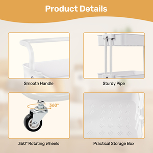 3-Tier Rolling <b>Storage</b> Cart with Wheels <b>White</b> Metal Utility Cart Organizer for Kitchen Bathroom Living Room - Product Image 4