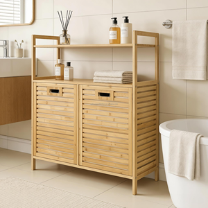 Mueble <span class=keywords><strong>de</strong></span> Baño Moderno <span class=keywords><strong>de</strong></span> Bambú con 2 Puertas, Cesto <span class=keywords><strong>de</strong></span> Ropa <span class=keywords><strong>de</strong></span> Gran Capacidad para Sala <span class=keywords><strong>de</strong></span> Estar, Dormitorio, Hotel, Hospital - Product Image 1
