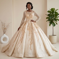 Ladies Modern <strong>A</strong>-<strong>Line</strong> Champagne Bridal Ball Gown Luxury Appliques Sweetheart Neckline Floor-Length Evening Party <strong>Dress</strong> Lsbh24